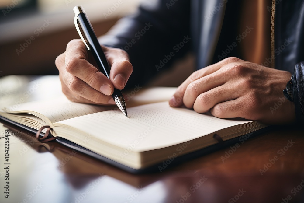Person writing in a notebook with a pen at a wooden table in a cozy indoor setting Person writing in a notebook with a pen at a wooden table in a cozy indoor setting
