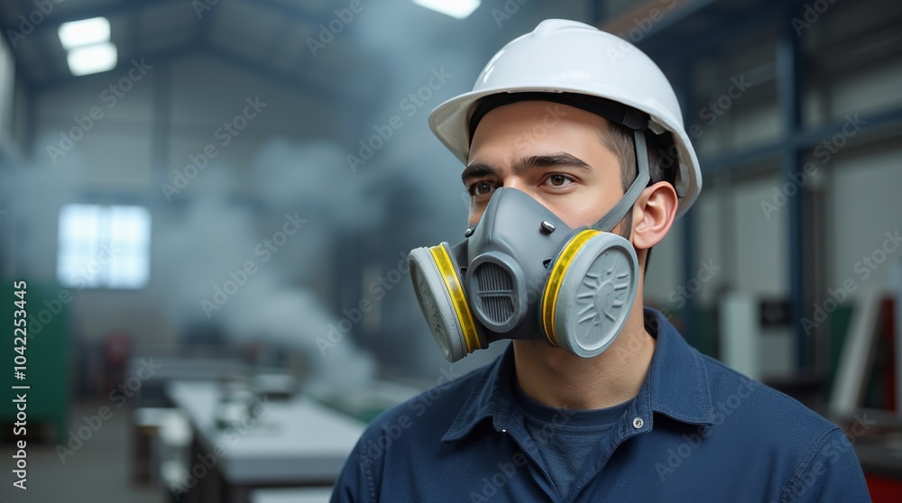 A worker in protective gear observes industrial operations inside a manufacturing facility during daytime A worker in protective gear observes industrial operations inside a manufacturing facility during daytime
