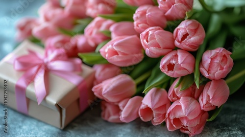 A beautiful bouquet of pink tulips next to a gift box with a ribbon on a soft...