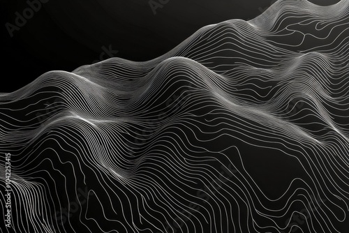 Abstract topographic design featuring flowing lines in monochrome tones on a ...