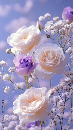 Beautiful arrangement of white and lavender roses with delicate filler flower...
