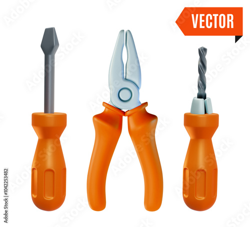 3d Fix and Repair Concept Screwdriver and Pliers Set Cartoon Design Style Isolated on a White Background. Vector illustration