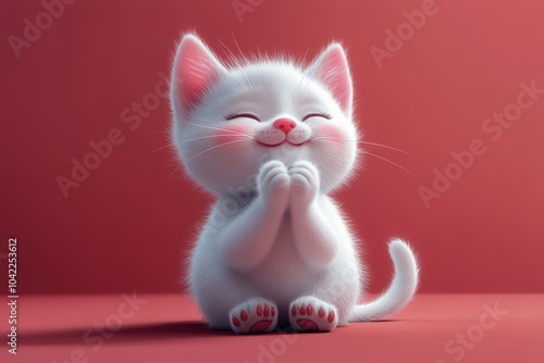 Cute white kitten sitting on a pink surface with a joyful expression and soft...
