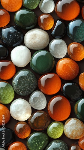 Colorful collection of polished stones showcasing various shapes and sizes on...