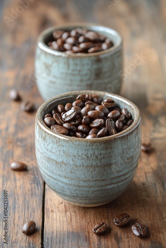 Two ceramic cups filled with dark roasted coffee beans on a wooden table indoors
