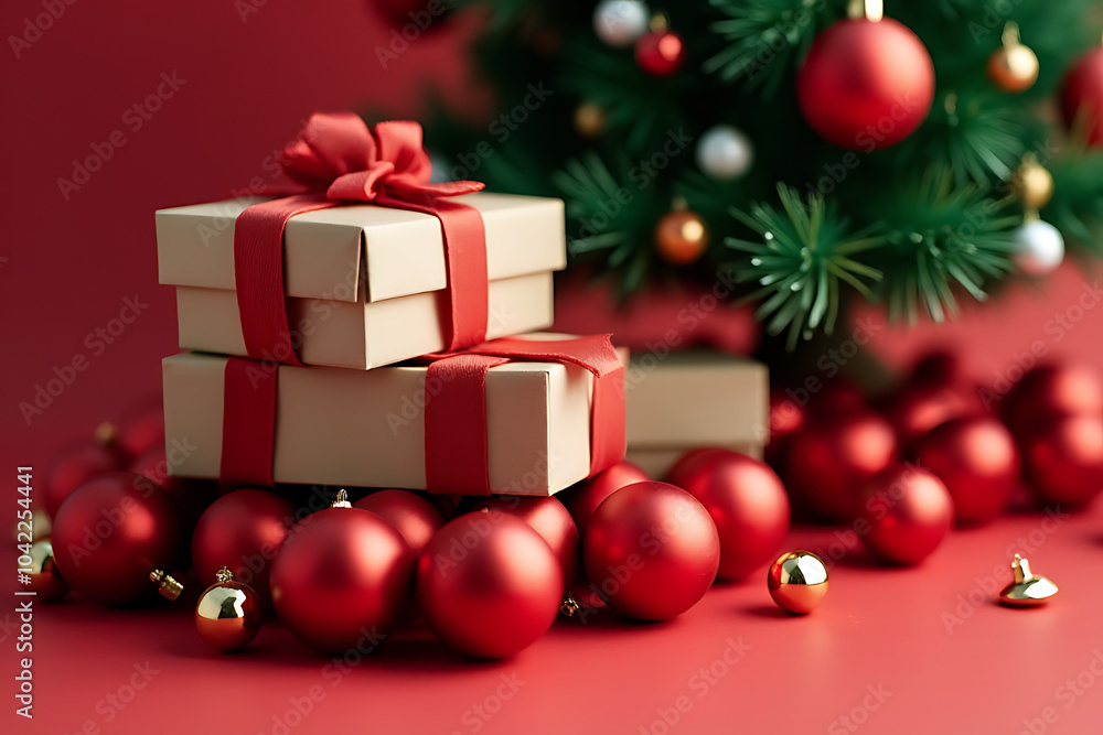 christmas gift boxes sit red decorations product placement amidst festive holiday ornaments christmas tree christmas gift boxes sit red decorations product placement amidst festive holiday ornaments christmas tree