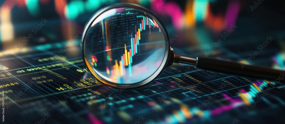 A magnifying glass focuses on a financial chart with a blurred background showing more charts. A magnifying glass focuses on a financial chart with a blurred background showing more charts.