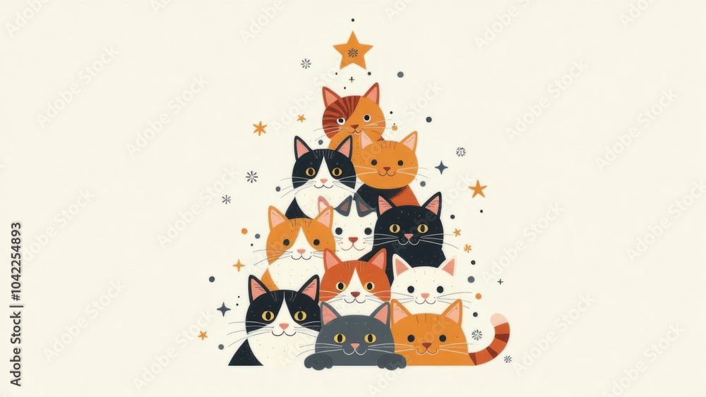 Fototapeta premium Festive cat christmas tree illustration for holiday decor and greeting cards