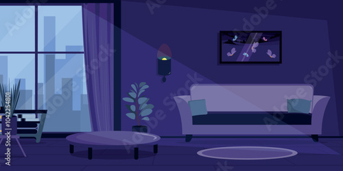 Vector illustration of the interior of a room at night.Cartoon scene of a room with a sofa, a picture on the wall, a table, flower pots, a bookcase, a lamp, a window with curtains,a view of the city.