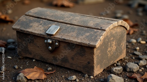 A weathered wooden chest resting on sandy soil in suggesting hidden treasures and forgotten stories