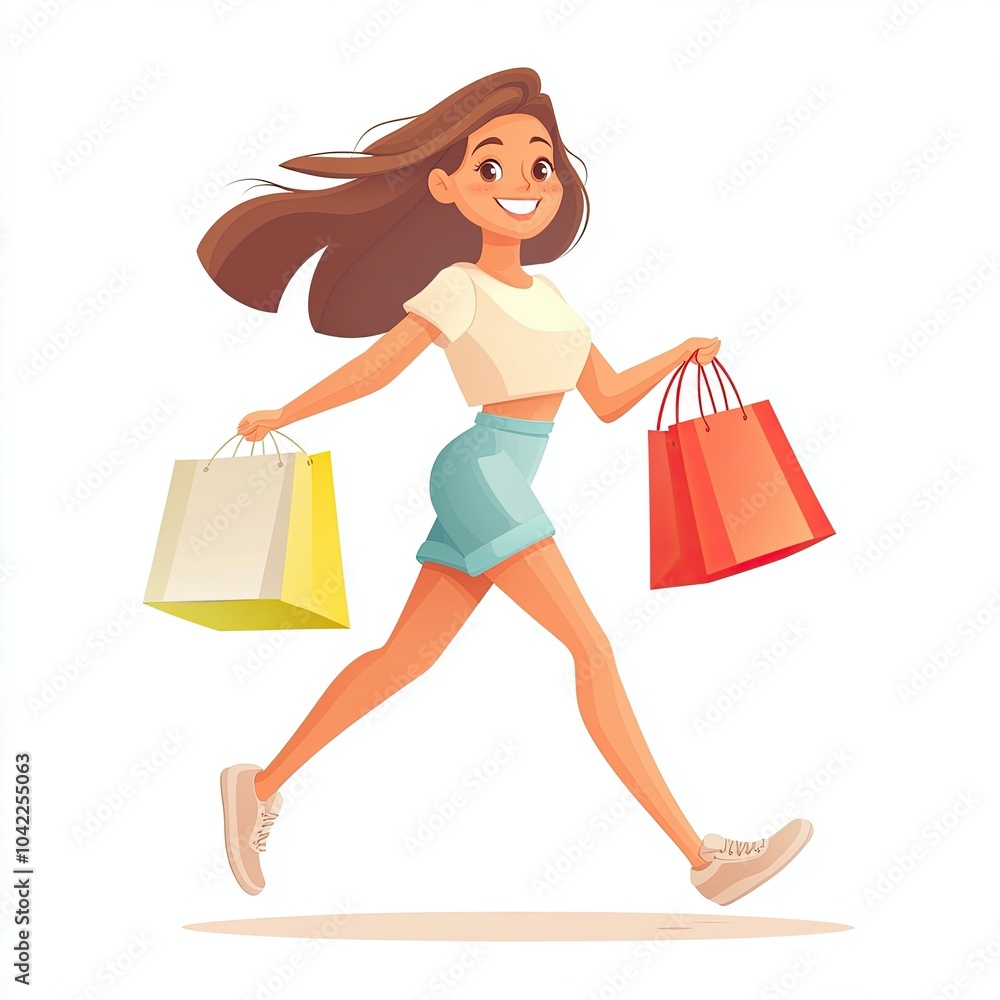 Illustration of a woman carrying a shopping bag. Joyful, happy shopper. Illustration of a woman carrying a shopping bag. Joyful, happy shopper.