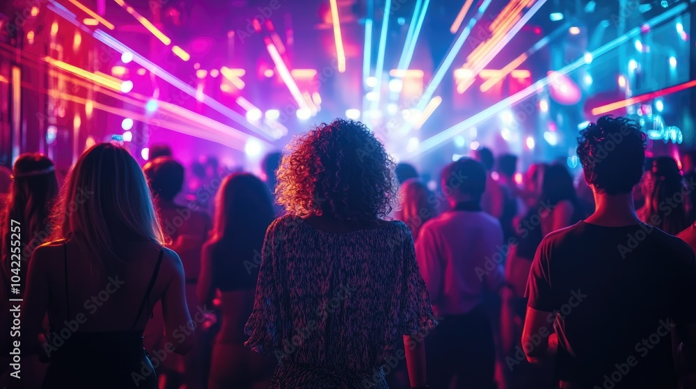 Naklejka premium Vibrant Nightclub Scene with Colorful Laser Lights and Energetic Crowd Dancing to Music