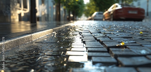 An urban street scene featuring permeable pavement blocks, with water gently seeping through after a rainfall, enhancing the sustainability of the environment. photo