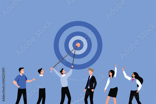 A team of diverse individuals works together to achieve a common goal, symbolized by a target.