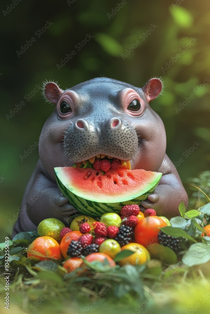 Naklejka premium Baby pygmy hippo eating watermelon in fruit garden