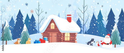 A cozy log cabin in a snowy landscape, surrounded by pine trees and festive decorations, featuring Santa and playful animals.