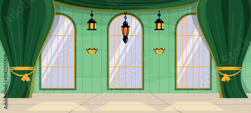 Vector illustration of a beautiful interior of a palace hall. Cartoon scene of a castle royal hall with exquisite lamps, large windows, green curtains with cords and tassels, lambrequins, a floor.