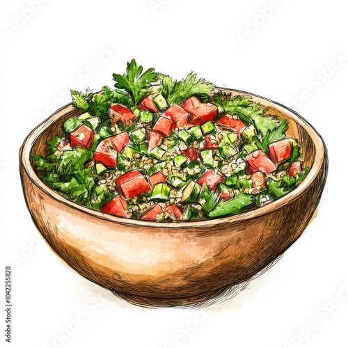 Fresh Quinoa Salad with Tomatoes, Cucumbers, and Parsley in a Wooden Bowl - Healthy Vegan Meal Illustration