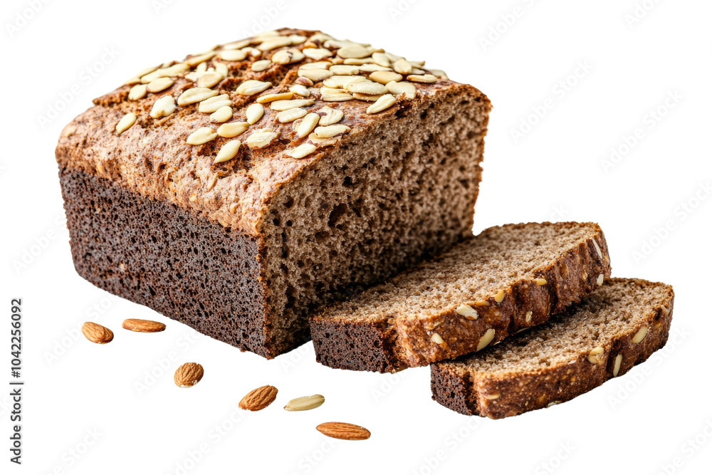 Freshly baked whole grain bread with seeds, sliced and ready to serve,,Isolated on transparent background Freshly baked whole grain bread with seeds, sliced and ready to serve,,Isolated on transparent background