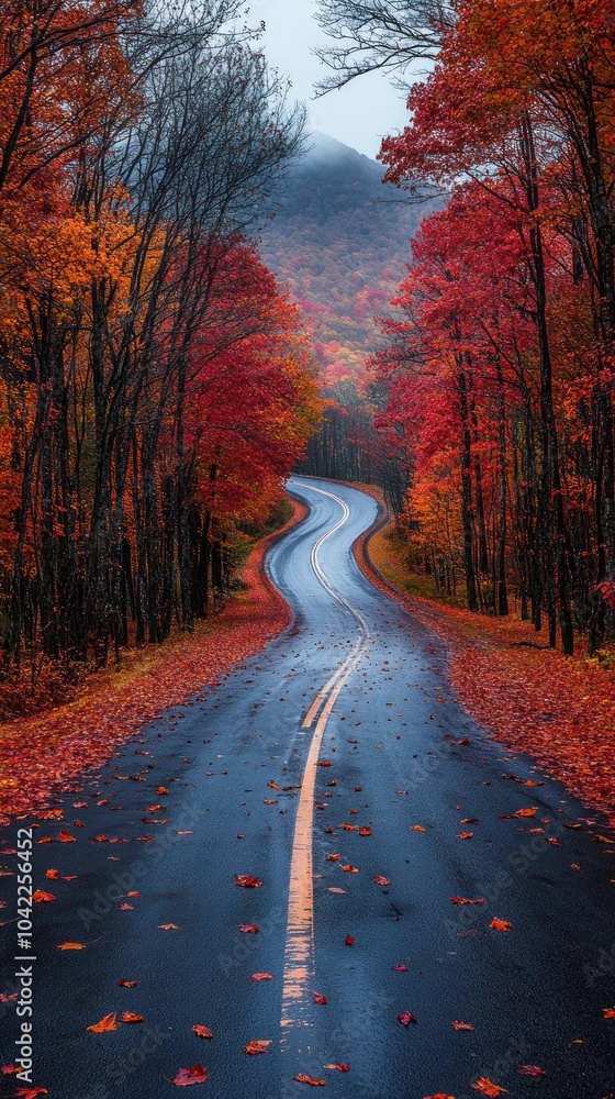 Fototapeta premium Autumn Road Through Red and Orange Foliage - Photo