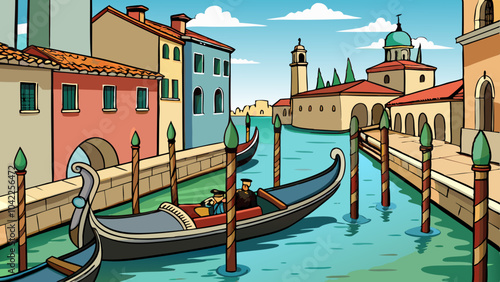 A gondolier navigates a scenic canal in a vibrant Italian town under a clear blue sky