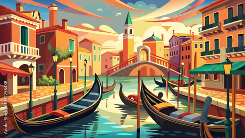 Colorful Venetian canals with gondolas and a charming bridge under a vibrant sunset sky