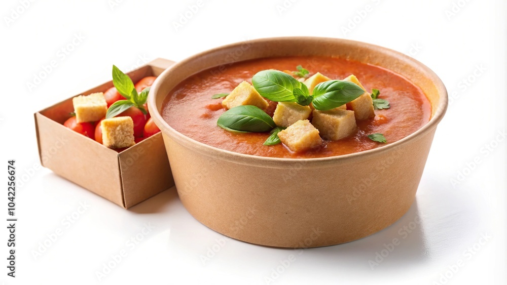 Reflected thick cold gazpacho soup with croutons in cardboard bowl isolated on white Reflected thick cold gazpacho soup with croutons in cardboard bowl isolated on white