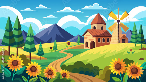 A bright and colorful rural landscape featuring a quaint farmhouse, windmill, lush greenery, and blooming sunflowers under a clear sky