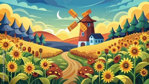 A colorful landscape featuring a windmill, vibrant sunflowers, and rolling hills under a bright sky at sunset