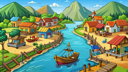 A vibrant riverside village surrounded by mountains with colorful houses, a winding river, and a small boat