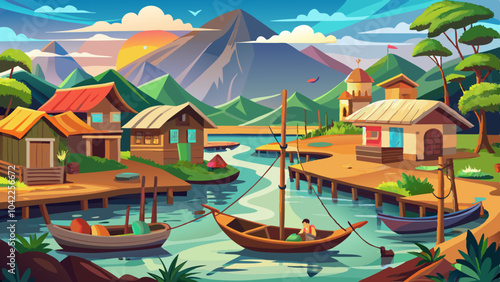 Serene riverside village at sunset with boats, mountains, and vibrant houses in a picturesque landscape