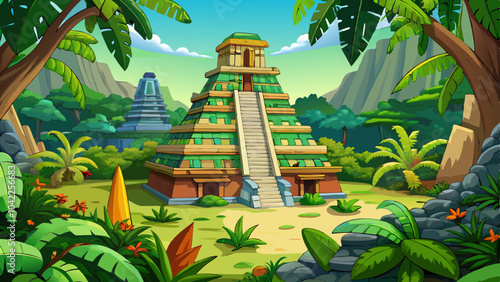 Ancient pyramid surrounded by lush vegetation in a vibrant jungle setting, showcasing historical architecture and scenic beauty