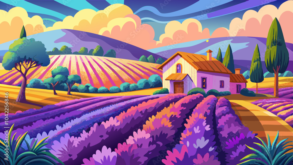 A vibrant lavender field in full bloom with a charming cottage under a colorful sunset sky in the countryside A vibrant lavender field in full bloom with a charming cottage under a colorful sunset sky in the countryside