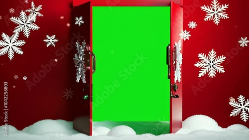 Witness magic Christmas advent calendar door opens red background revealing large 3D snowflakes Day designed present green screen message delightful 4K video graphic animation reveal festive holiday