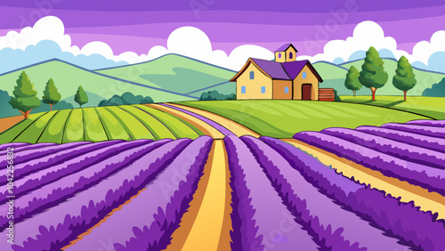 Lavender fields bloom beautifully under a purple sky with a charming farmhouse nestled in the hills during a sunny day