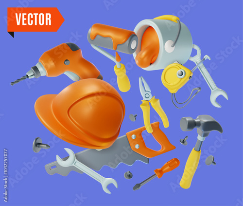 3d Professional Tool Kit Home Fix and Repair Service Concept Background Cartoon Design Style. Vector illustration of Spanner and Hammer