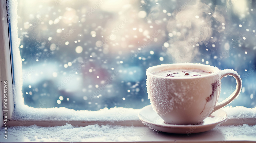 Fototapeta premium A steaming cup of hot cocoa sitting on a windowsill, with frost forming on the glass and the first snow of winter gently falling outside