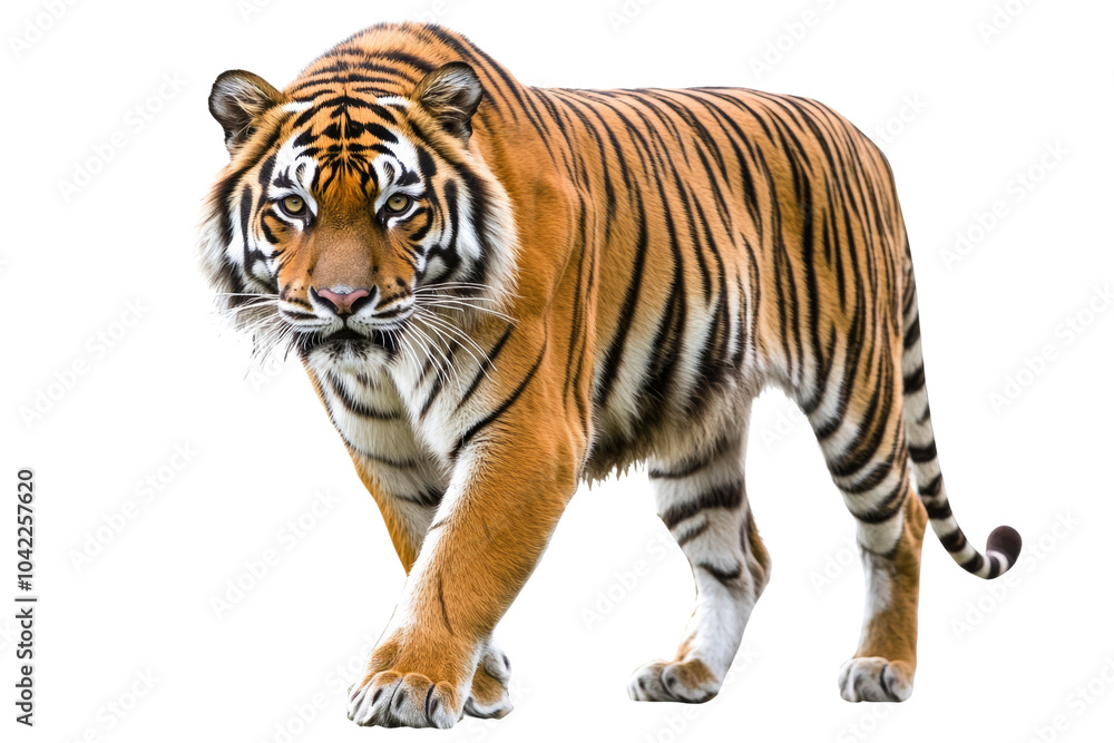 Obraz premium Majestic tiger walking, showcasing its powerful physique and striking coat Perfect for wildlife-themed projects,Isolated on transparent background