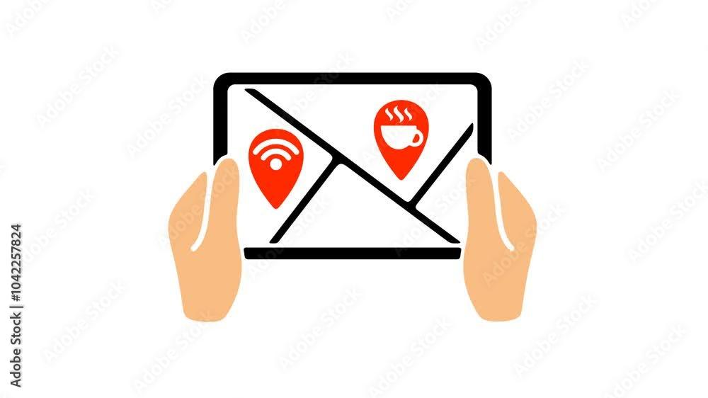 Hands holding tablet, map with pinpoints, geolocation and location, graphic animation. Alpha channel. Colored. Transparent background motion design. 4K resolution Hands holding tablet, map with pinpoints, geolocation and location, graphic animation. Alpha channel. Colored. Transparent background motion design. 4K resolution