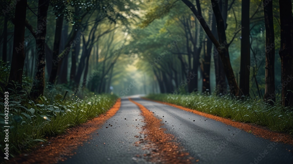 A winding road through a misty forest, with fallen leaves scattered on the asphalt. A winding road through a misty forest, with fallen leaves scattered on the asphalt.