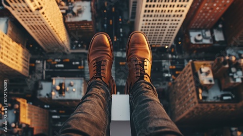 A high aerial view from a ledge, showing a bustling city below from the perspective of brown boots