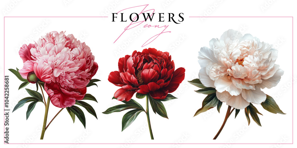 Garden peony flowers isolated on a white background. Vintage painting style illustration.
