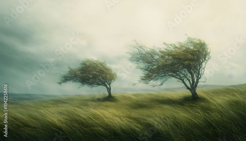 Two wind blown trees in an open field on a foggy and cloudy day