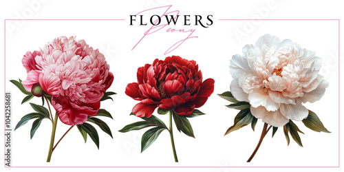 Obraz na płótnie Garden peony flowers isolated on a white background. Vintage painting style illustration. w salonie