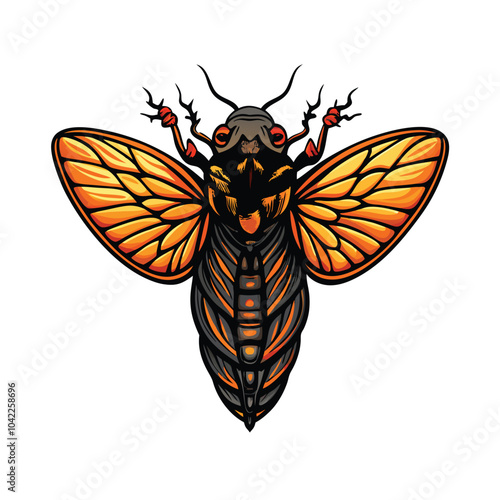 Vector illustration of a cicada insect with orange wings perched on a tree branch.