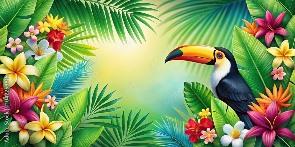Obraz premium reflected tropical flowers and toucan background