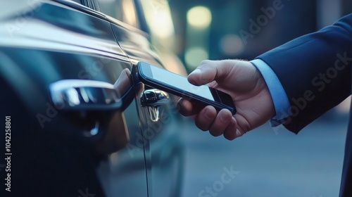 Businessman uses smartphone to unlock automobile
