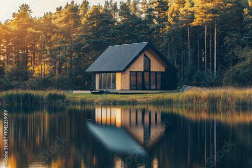 A minimalist wooden house surrounded by high trees in an autumn forest by the lake