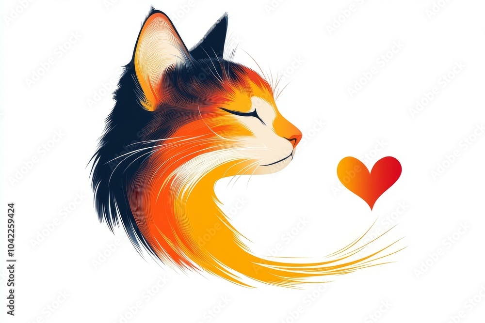 Fototapeta premium Stylized cat with flowing fur and heart icon, perfect for pet ad campaigns or veterinary marketing visuals