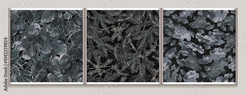 Seamless gray camouflage patterns with fir twigs with dry needles, forest foliage, nature. Forest nature objects. For apparel, fabric, textile, sport goods.